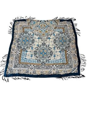 Johnny Was silk blue and tan floral medallion large scarf with fringe trim